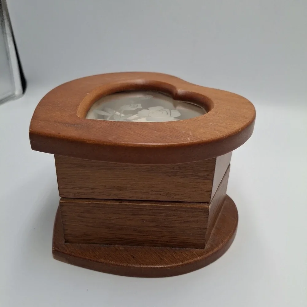 Vintage Jewelry Box Wood Heart Shaped Two Tier Swivel Glass Etched Floral Top